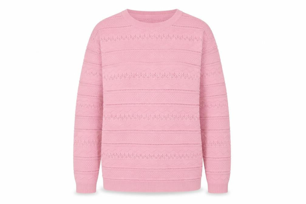 Front view of Isle Essentials women’s pink crew neck acrylic jumper, size M