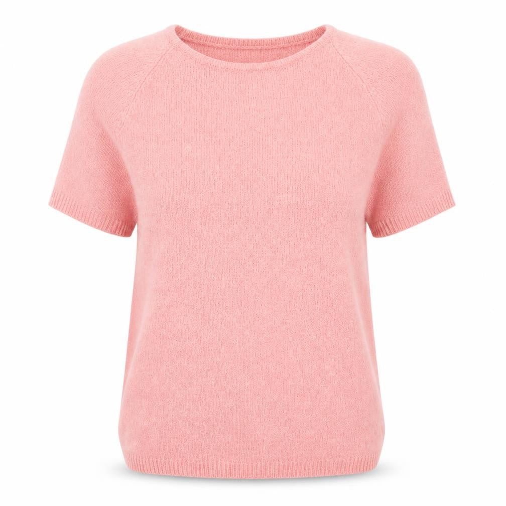 Front view of Berkertex women’s pink acrylic basic t-shirt, size UK 10, crew neck