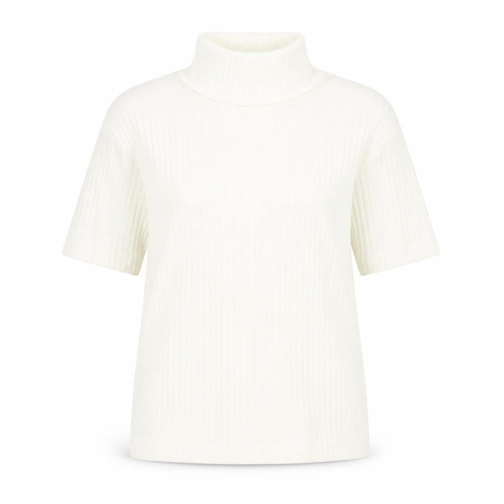 Front view of Joie de Vivre women’s ivory polyester basic t-shirt, size UK 10, roll neck