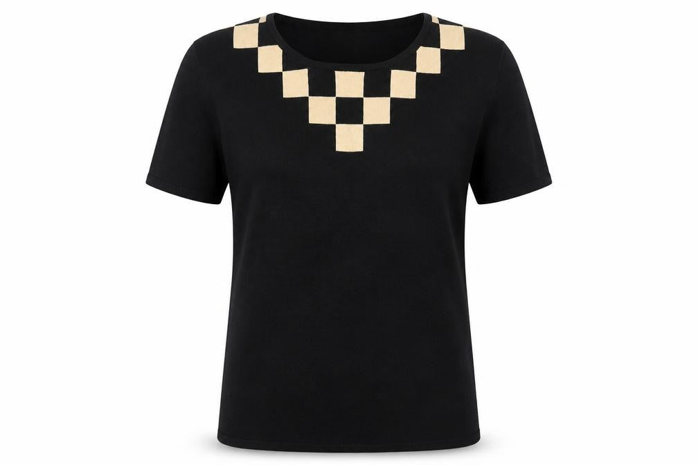 Front view of Just Elegance women’s black viscose basic t-shirt, size L, crew neck