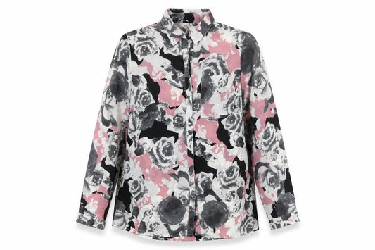 Front view of Imitz women’s multicoloured floral polyester basic button-up, size UK 10, collared