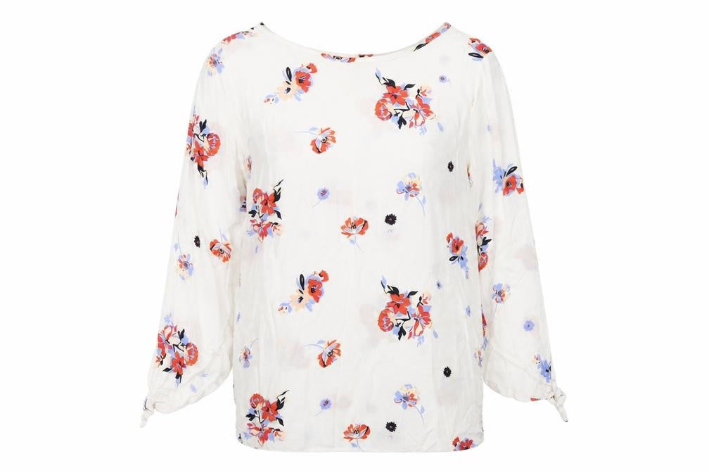 Front view of Rainbow women’s white floral viscose basic blouse, size UK 12, boat neck