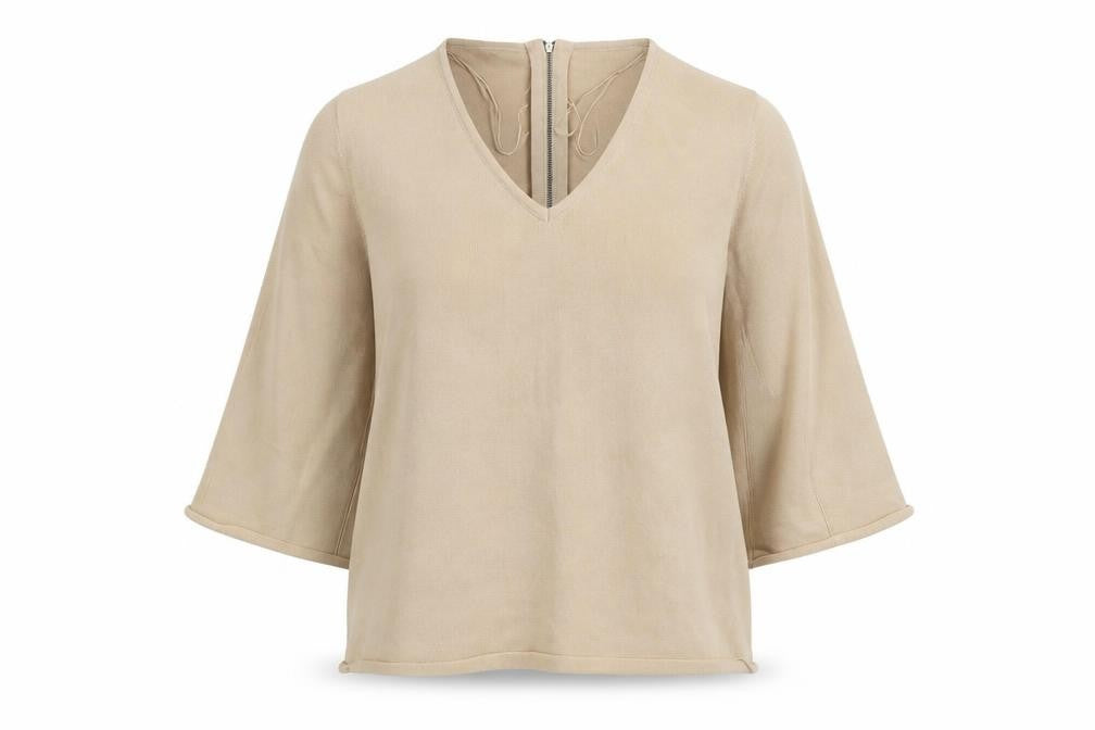 Front view of Autograph women’s beige v-neck viscose jumper, size UK 20