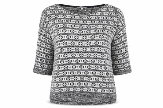 Front view of Next women’s black round neck geometric acrylic jumper, size UK 12
