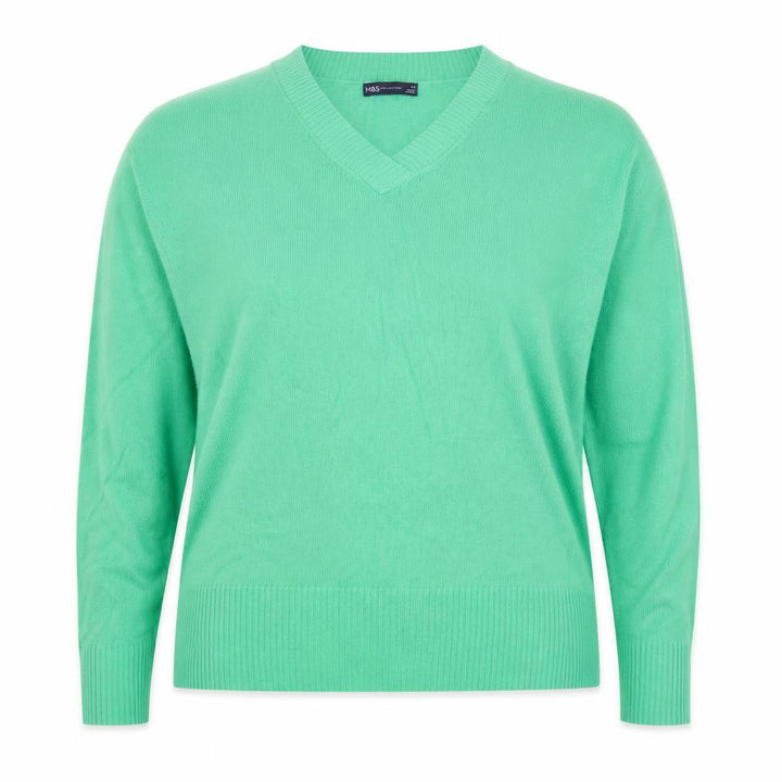 Marks & Spencer Womens Green V-Neck Acrylic Pullover Jumper Size 14