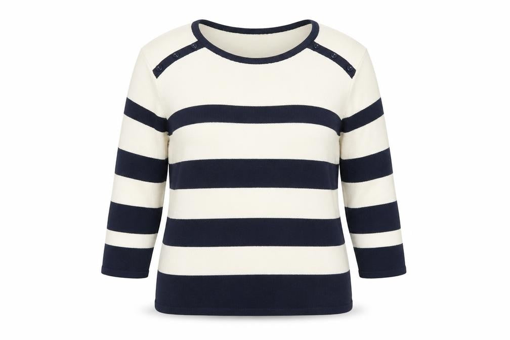 Front view of Paramour women’s blue round neck striped acrylic jumper, size M