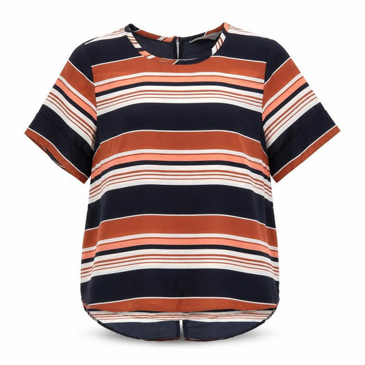 Front view of Dorothy Perkins women’s multicoloured striped polyester basic blouse, size UK 8, round neck