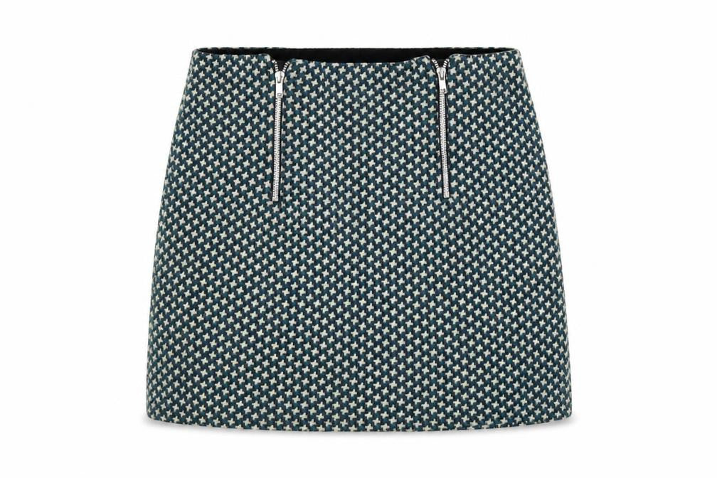 Front view of Cooperative women’s green geometric polyester mini skirt, size M