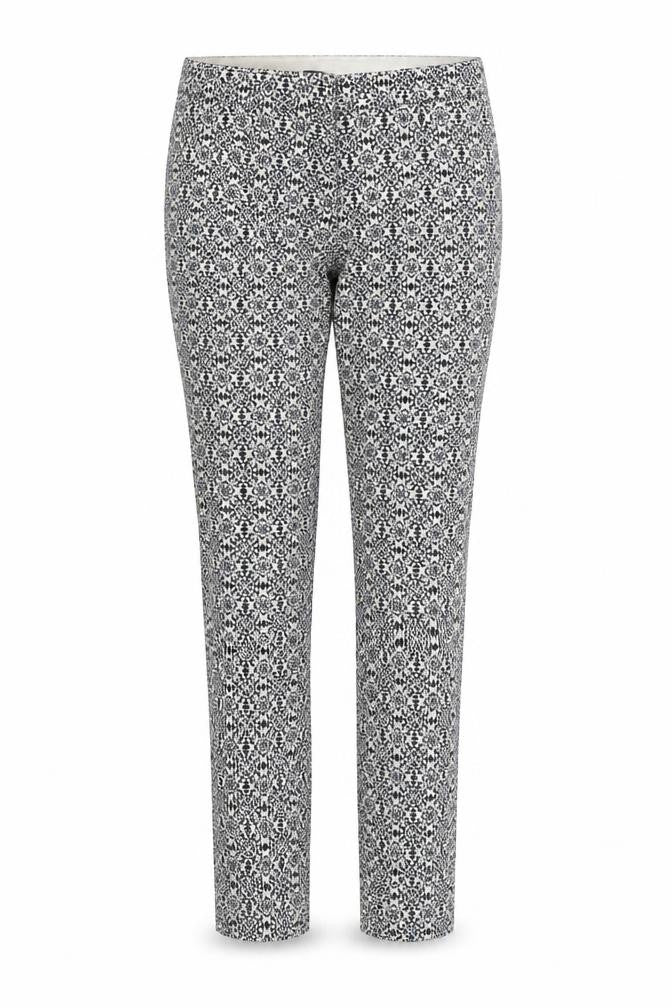 Front view of H&M women’s multicoloured geometric cotton trousers, size UK 6, 25-inch leg regular