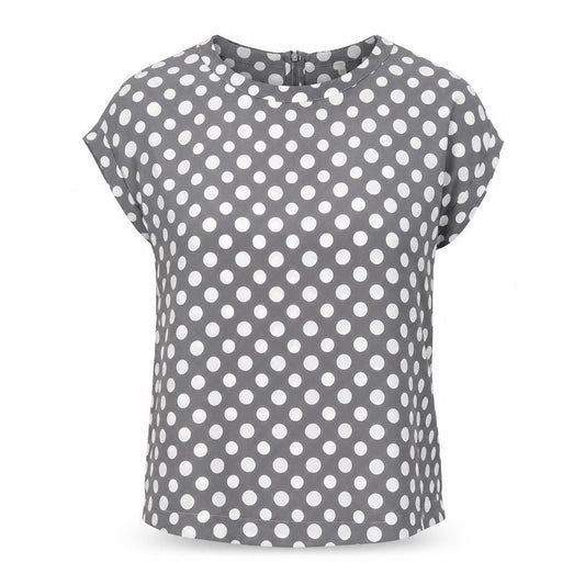 Front view of Next women’s grey polka dot polyester basic blouse, size UK 8, round neck