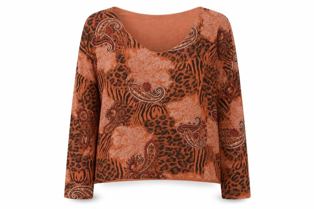 Front view of Gerard women’s orange animal print viscose basic blouse, size M, scoop neck