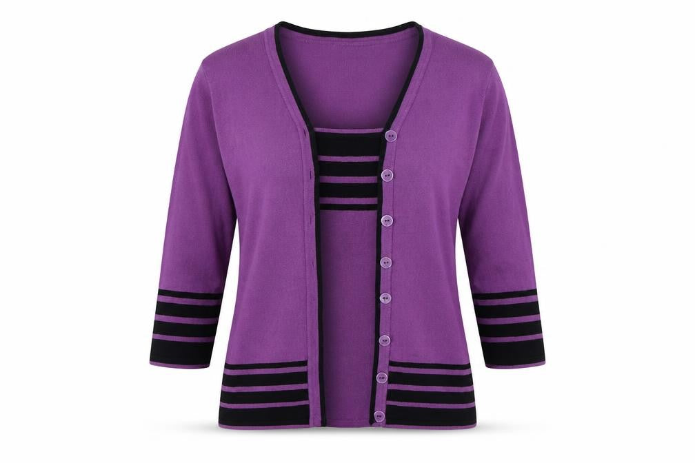 Front view of Bonmarché women’s purple square neck striped viscose jumper, size M