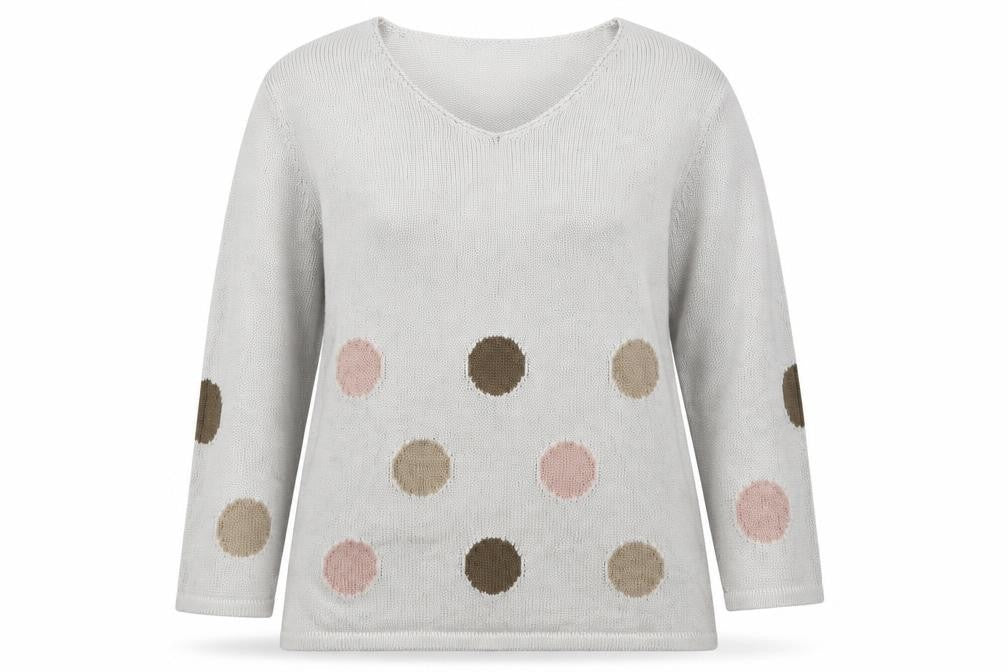 Front view of Marble women’s white v-neck polka dot cotton jumper, size L