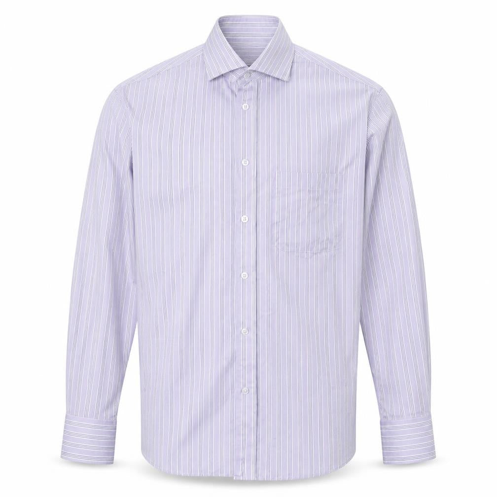 Front view of Woolworths men’s purple striped cotton button-up, size 15.5 collared button