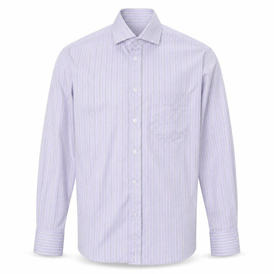 Front view of Woolworths men’s purple striped cotton button-up, size 15.5 collared button
