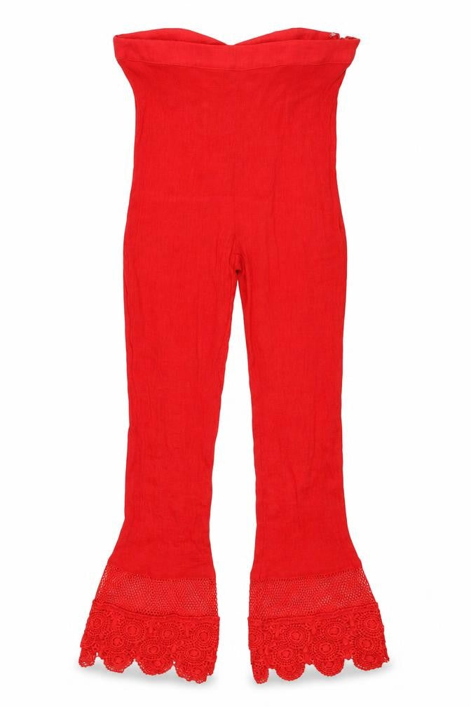 Front view of Lost Ink women’s red polyester trousers, size M, 25-inch leg regular - bootcut