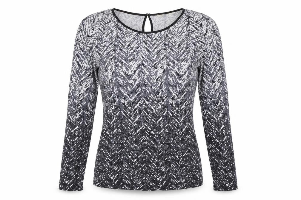 Front view of Oasis women’s grey geometric viscose basic t-shirt, size XS, round neck