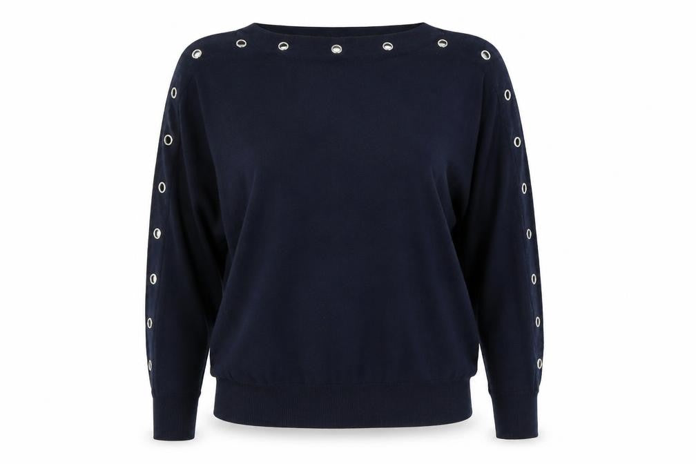 Front view of Debenhams women’s blue polyester pullover sweatshirt, size UK 12