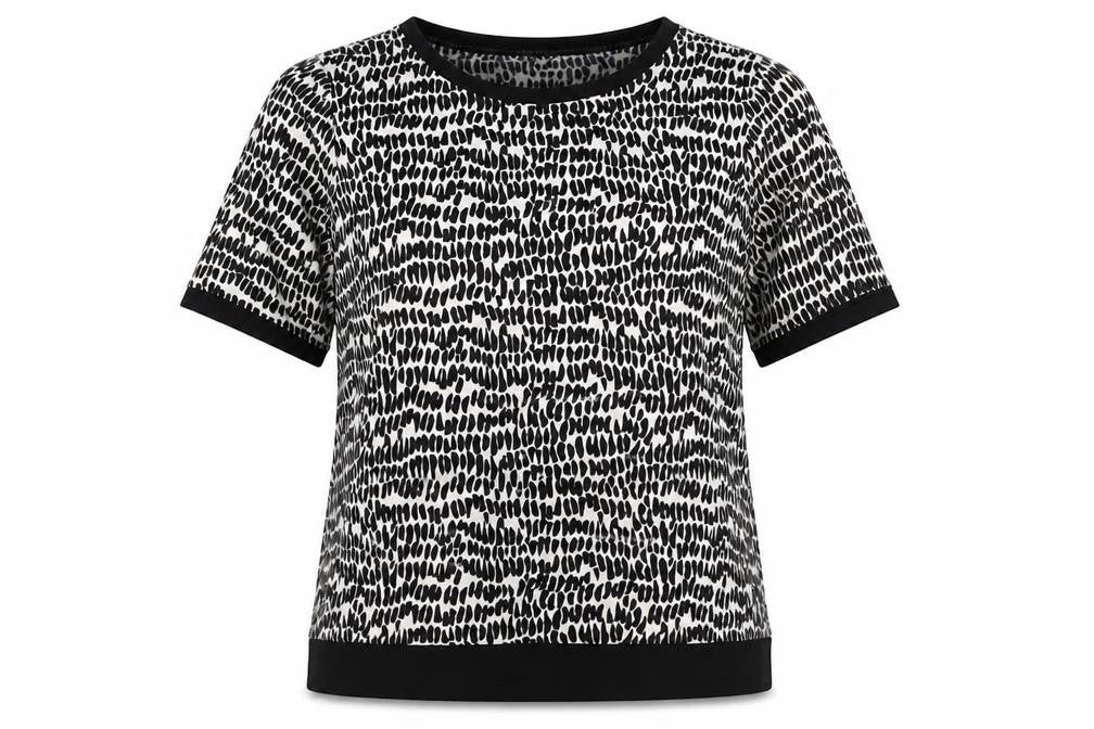 Front view of Anne Klein women’s grey geometric polyester basic t-shirt, size M, round neck