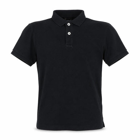 Front view of Freego men’s black polyester polo, size S, collared