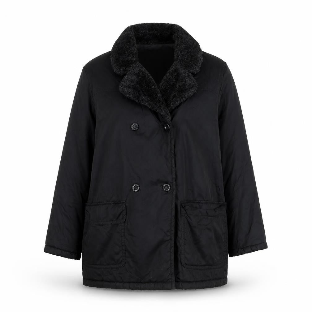Front view of Alibi women’s black overcoat coat, size UK 12