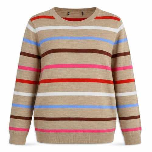 Marks & Spencer Womens Beige Round Neck Striped Acrylic Pullover Jumper Size 10