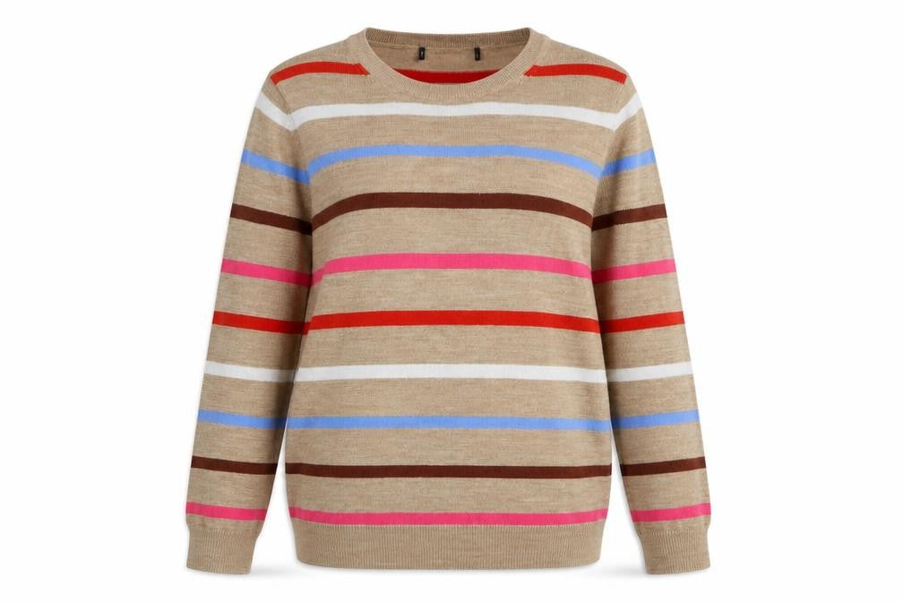 Marks & Spencer Womens Beige Round Neck Striped Acrylic Pullover Jumper Size 10