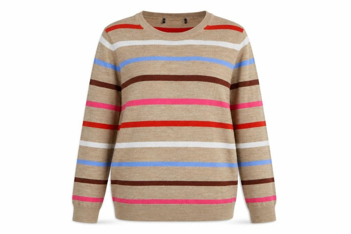Marks & Spencer Womens Beige Round Neck Striped Acrylic Pullover Jumper Size 10