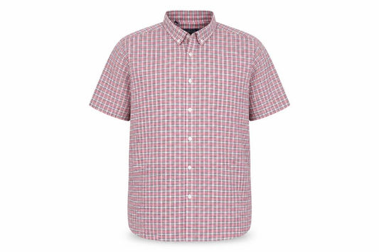 Front view of Premier Man men’s pink check polyester button-up, size L, collared button
