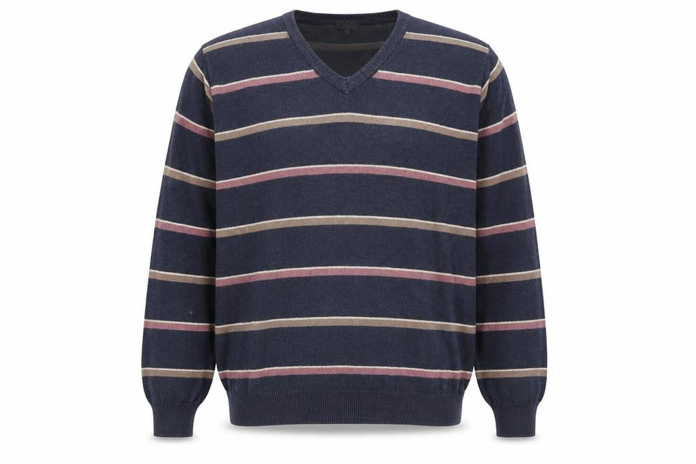 Front view of Wolsey men’s beige v-neck striped cotton jumper, size L