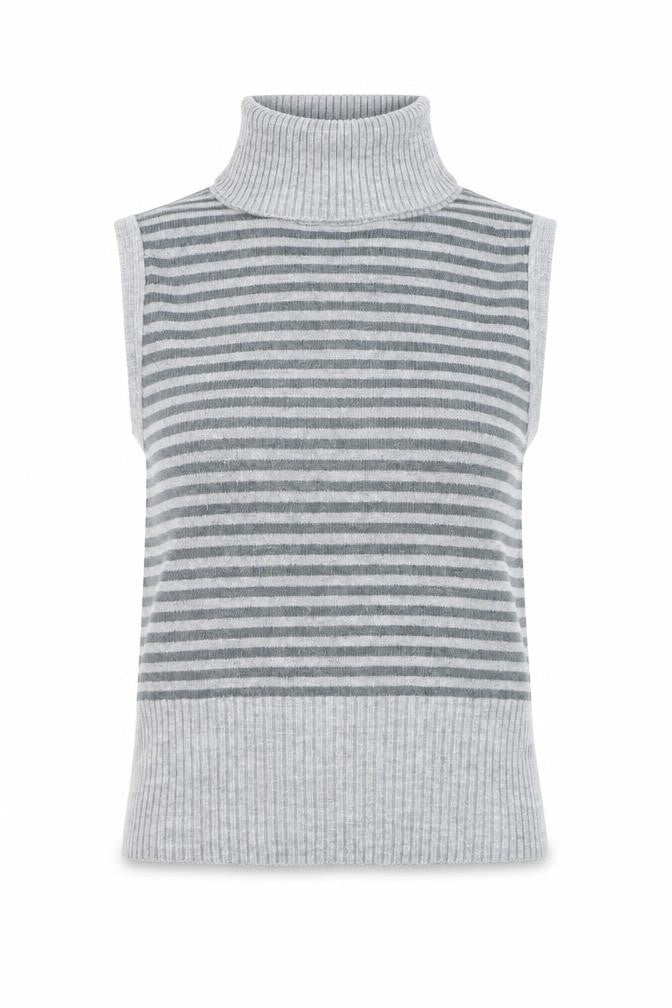 Front view of Central Park women’s grey roll neck striped acrylic jumper, size S