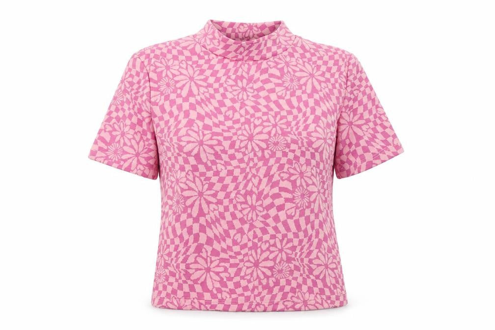 Front view of Primark women’s pink round neck geometric polyester jumper, size UK 12