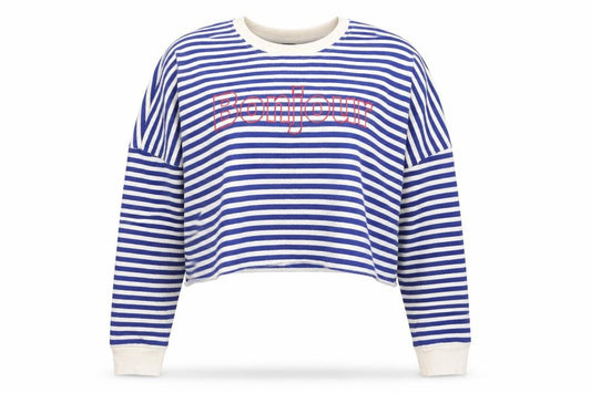 Front view of Primark women’s blue round neck striped cotton jumper, size UK 12, - bonjour