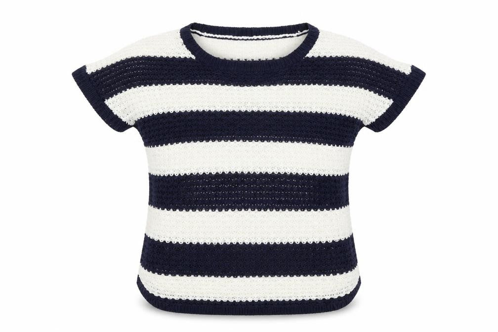 Front view of Intuition women’s blue round neck striped acrylic jumper, size UK 8