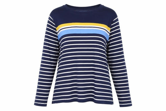 Front view of Studio women’s blue round neck striped cotton jumper, size UK 12