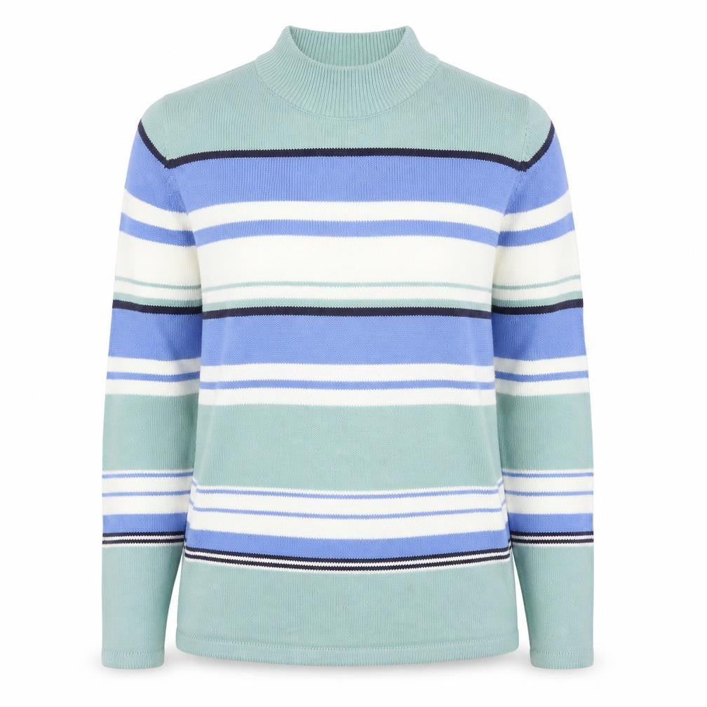Front view of EWM women’s green round neck striped acrylic jumper, size UK 10
