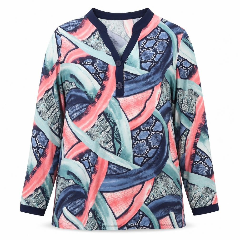 Front view of Gerard women’s multicoloured v-neck geometric polyester cardigan jumper, size UK 18