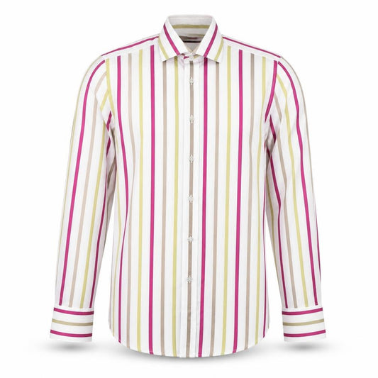Front view of Duchamp men’s multicoloured striped cotton button-up, size 15, collared