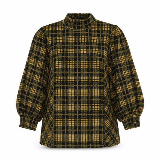 Front view of Savida women’s yellow plaid polyester basic blouse, size XS, high neck