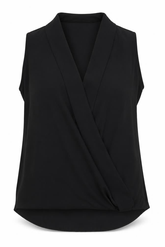 Front view of Paraphrase women’s black polyester basic blouse, size S, v-neck