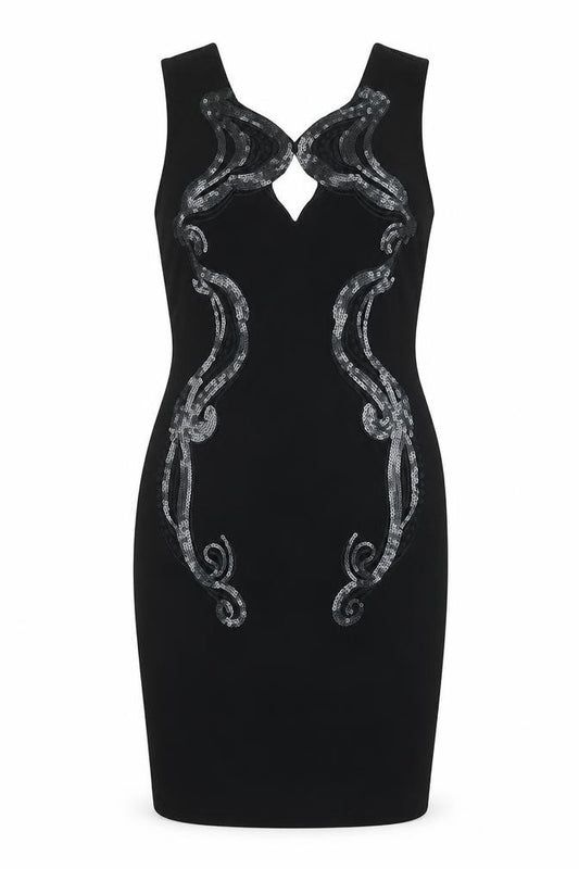 Front view of Reimi.Co women’s black polyester a-line, size M, v-neck