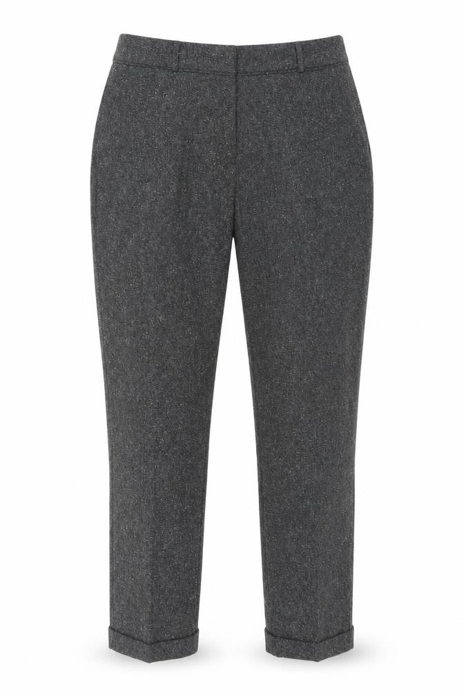 Front view of M&Co women’s grey polyester trousers, size UK 14, 30-inch leg regular hook & eye