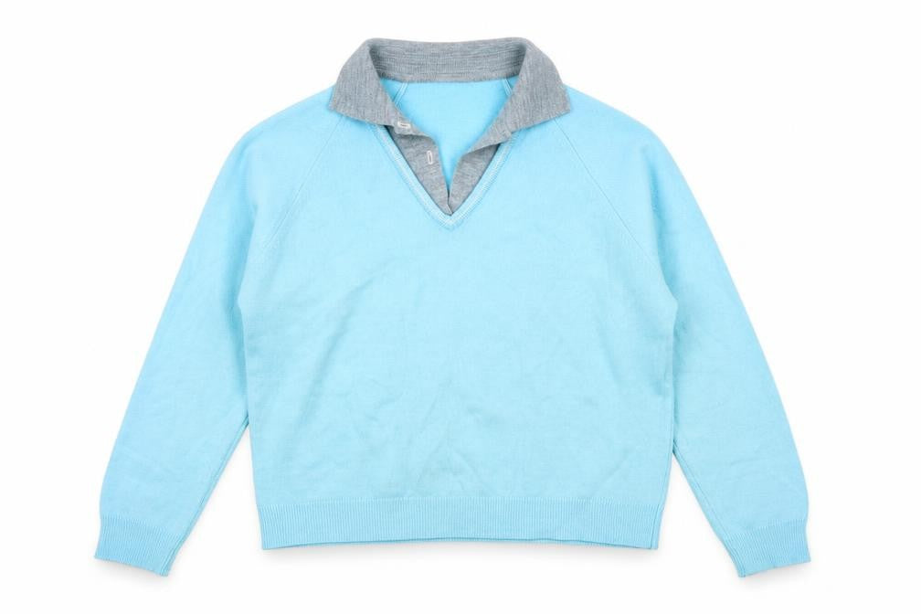 Front view of Preworn women’s blue collared acrylic jumper, size M