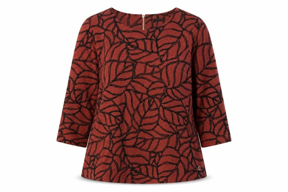 Front view of Viz A Viz women’s brown round neck geometric polyester jumper, size UK 14, - 14-16