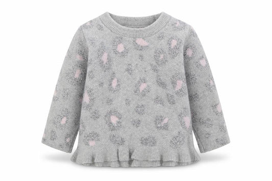 Front view of Dunnes girls’ grey geometric viscose jumper, size 3-6, months pullover