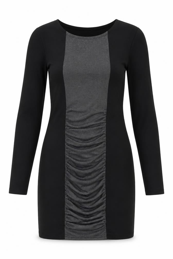 Front view of women’s black polyester bodycon, size M, boat neck pullover