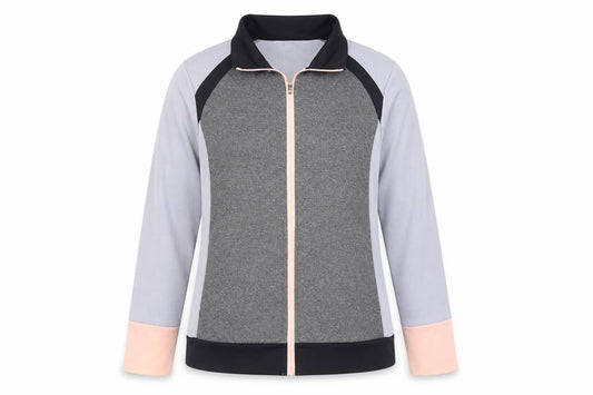 Front view of Dunnes women’s multicoloured jacket, size L, zip