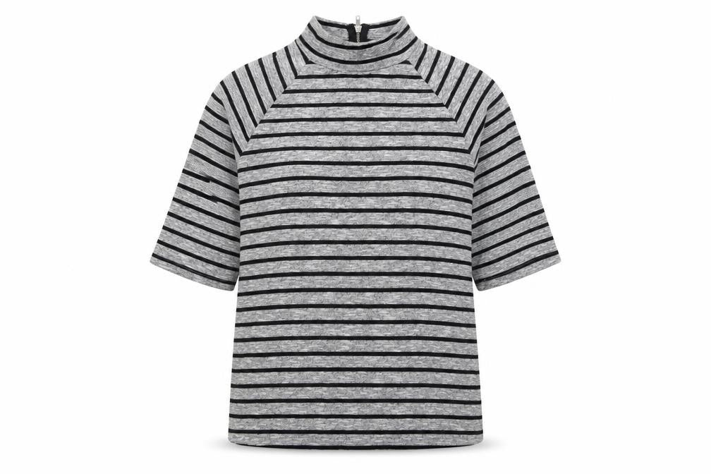 Front view of New Look women’s grey striped polyester pullover sweatshirt, size UK 8, zip