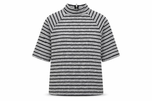 Front view of New Look women’s grey striped polyester pullover sweatshirt, size UK 8, zip