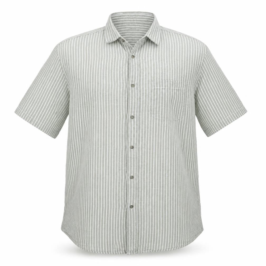 Front view of Dunnes men’s green striped linen button-up, size 2XL, collared button